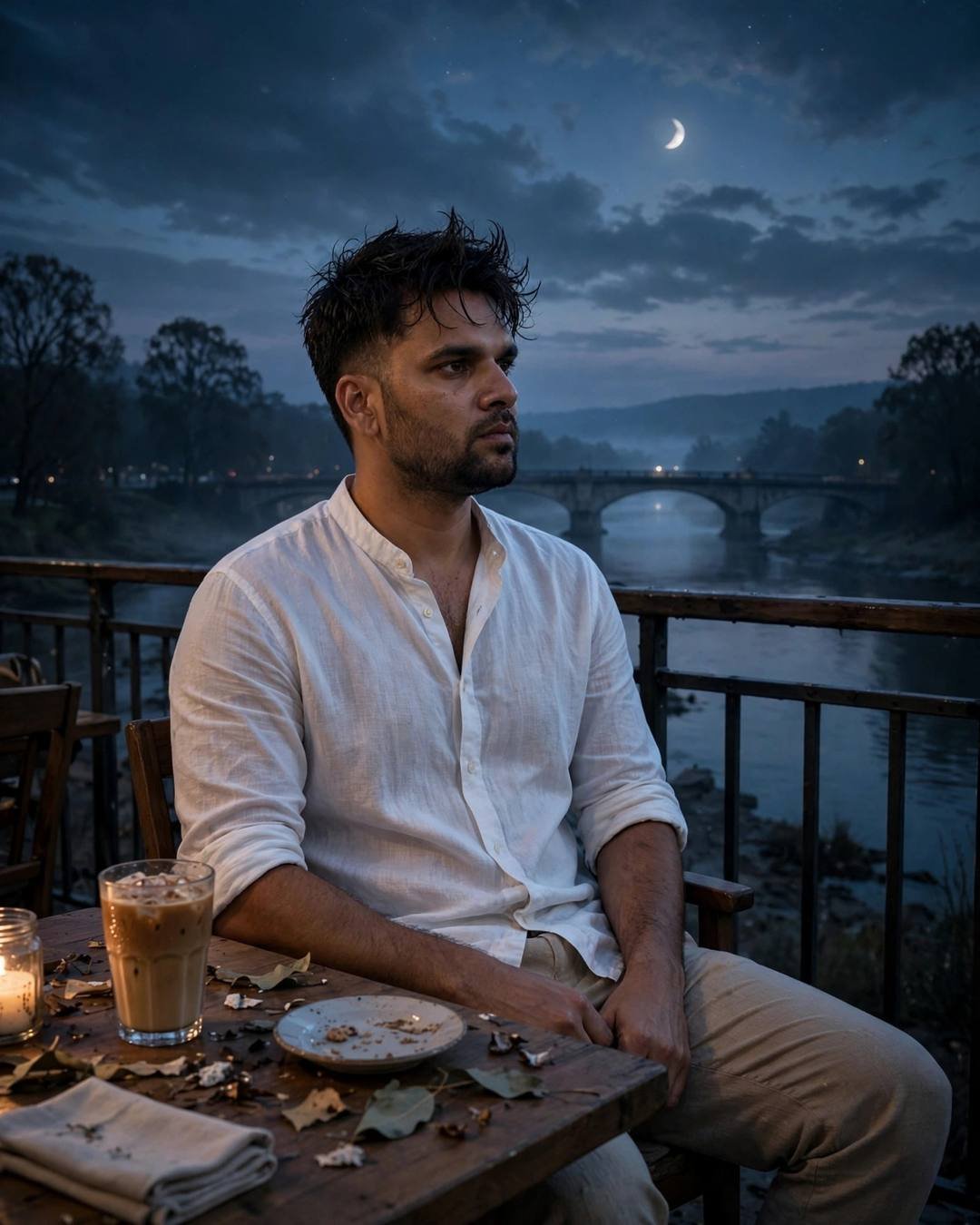 Young Indian man sitting at a riverside cafe table under a crescent moon with cold coffee