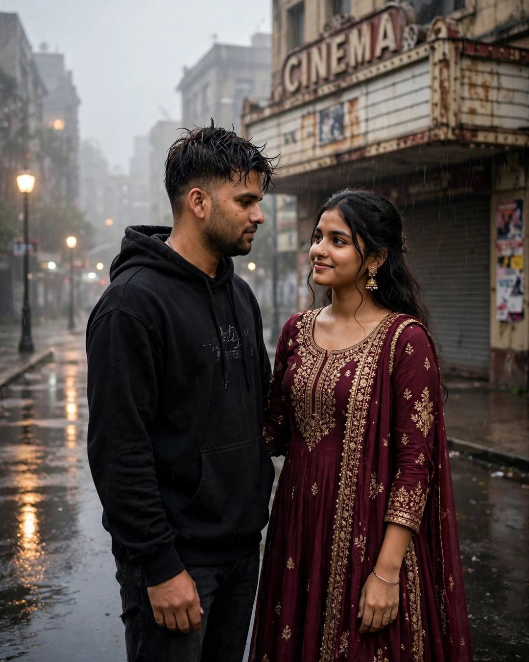 Young couple dancing slowly face to face on a rain-soaked empty street beneath an old cinema marquee