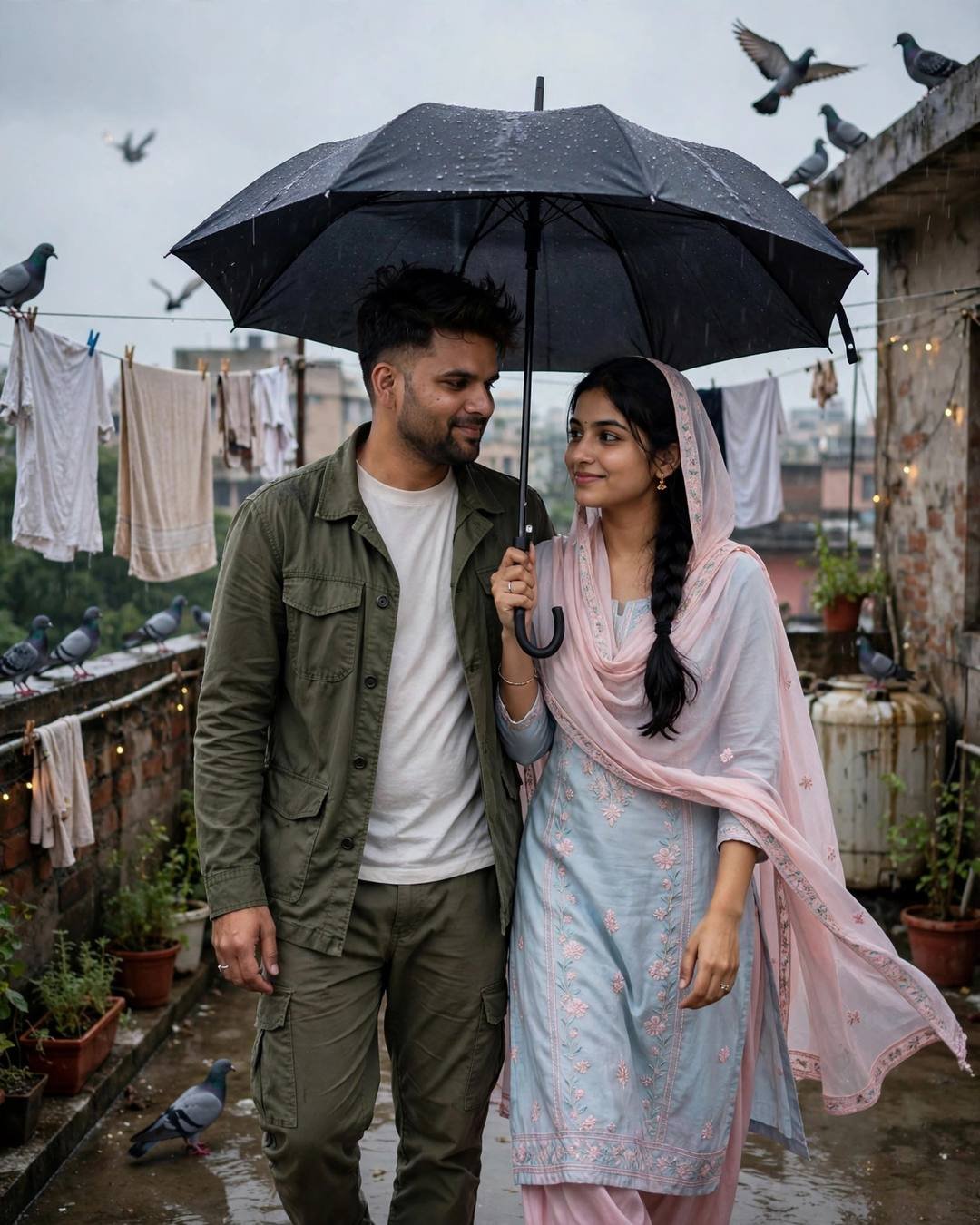 Young couple sharing one umbrella on a rainy terrace with drying clothes lines, pigeons and fairy lights