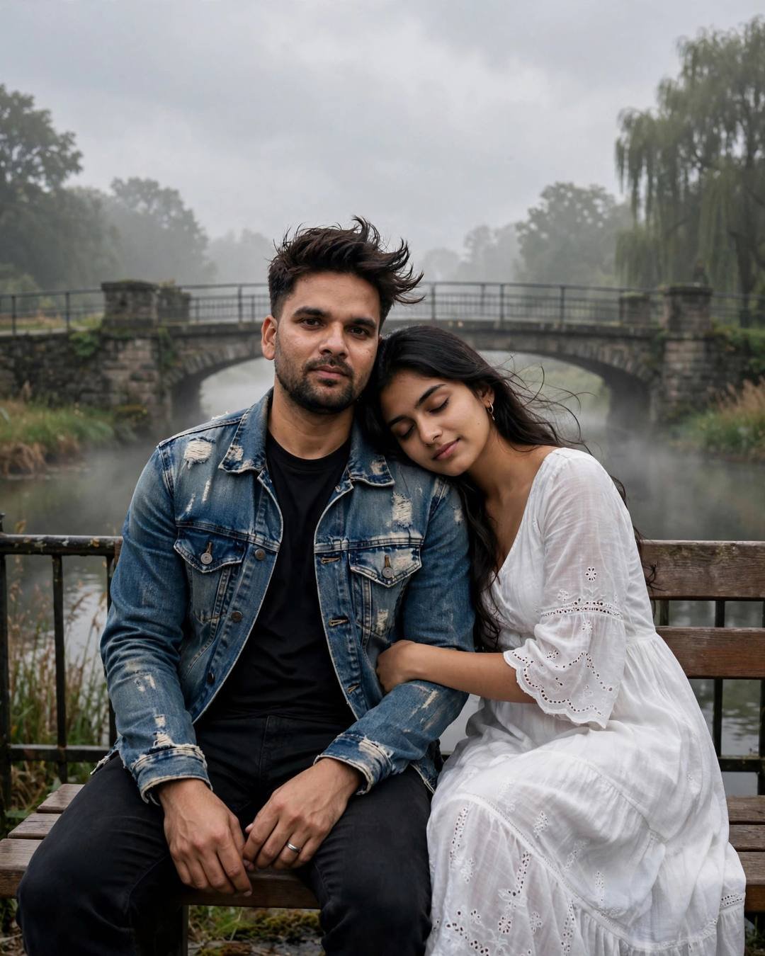 Young couple on a wooden bench by a misty river, her head on his shoulder, an old stone bridge behind them