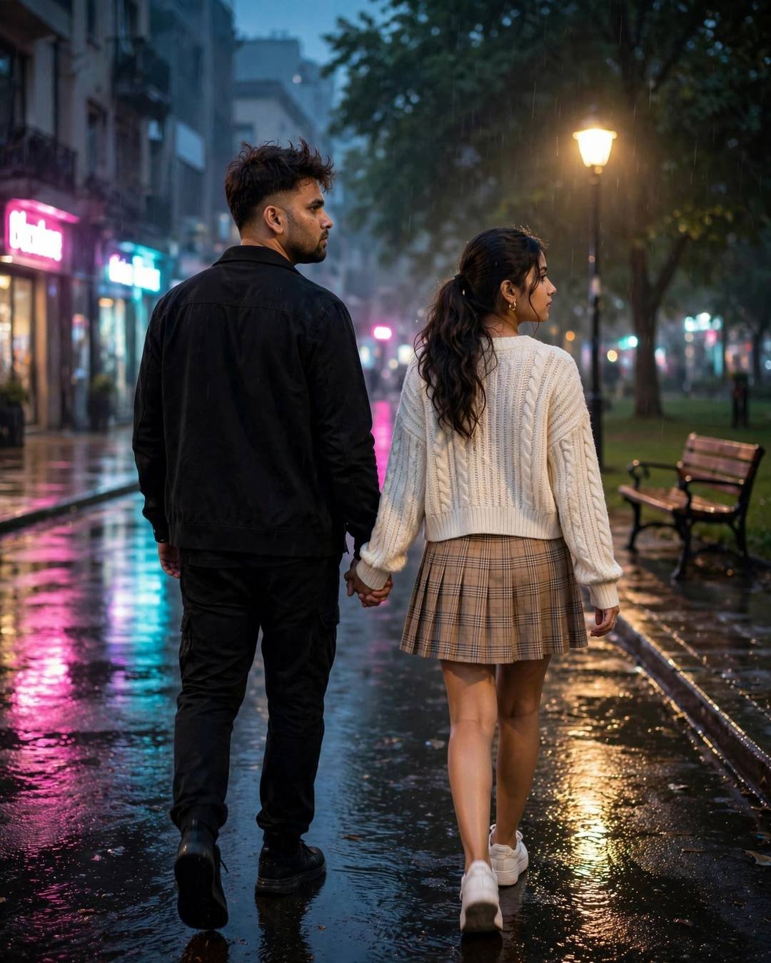 AI couple portrait: couple in black streetwear and cream knit sweater walking hand in hand down a neon-lit wet street at night