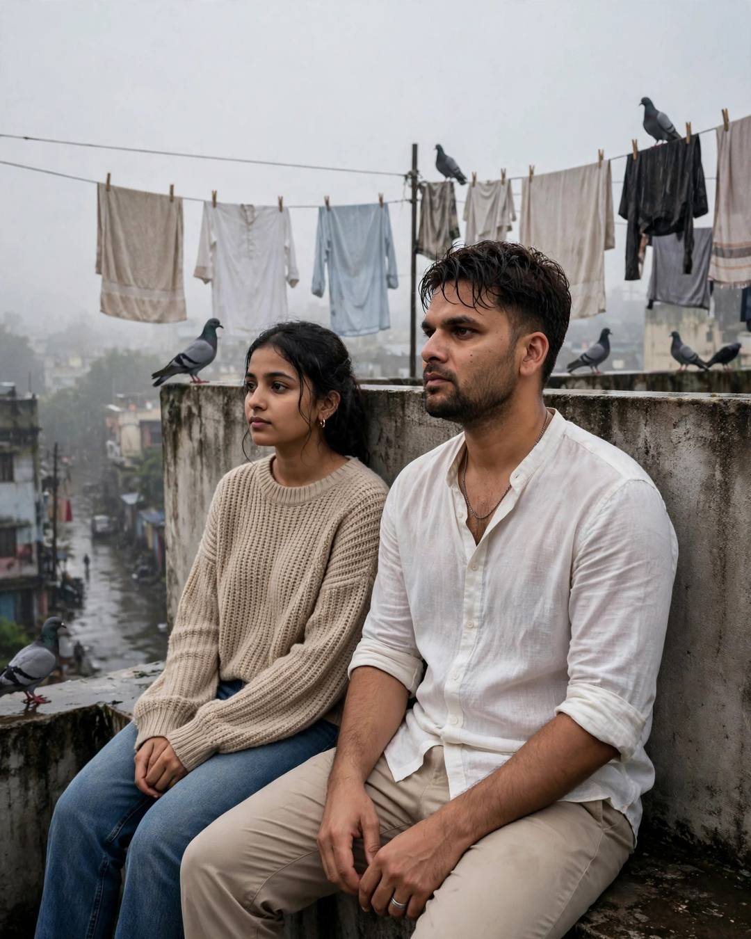 AI couple portrait: man in white linen shirt and woman in beige sweater sitting on a rain-washed rooftop terrace in fog
