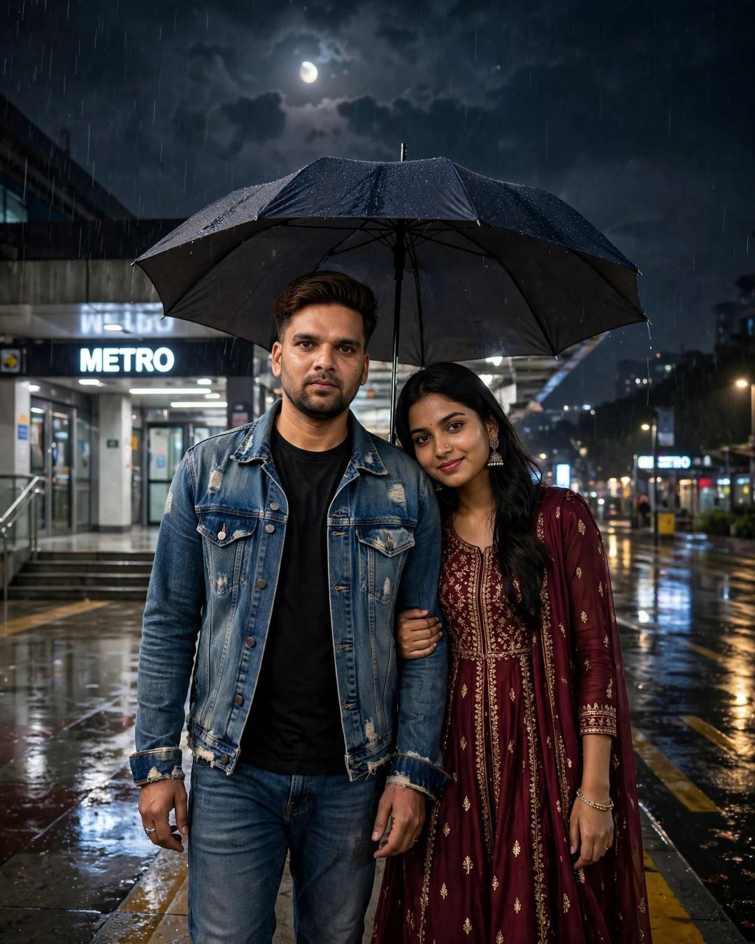 AI couple portrait: man in denim jacket and woman in maroon anarkali walking under one umbrella on a moonlit wet street