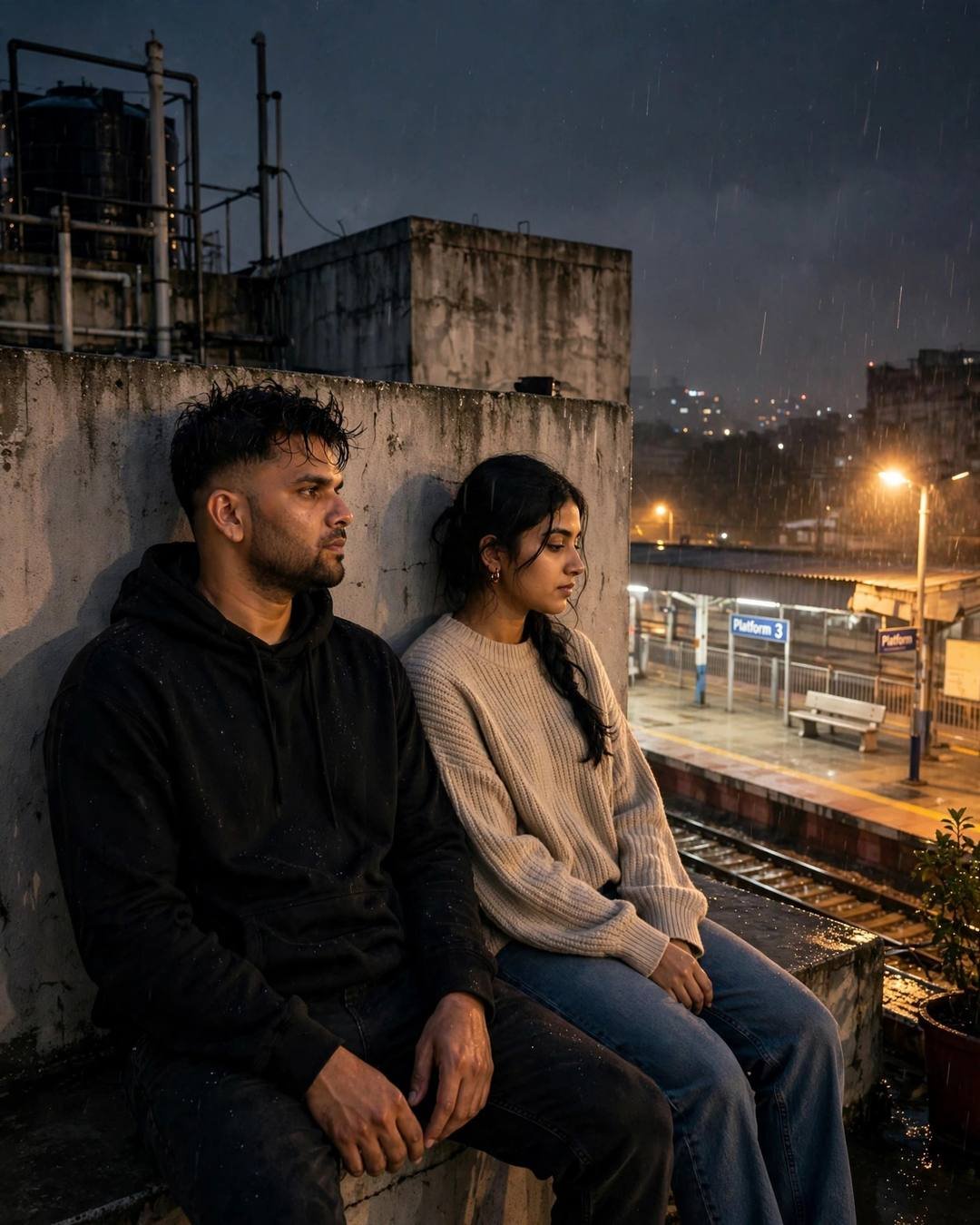 AI couple portrait: man in black hoodie and woman in beige sweater sitting against a wall above an empty night platform in drizzle