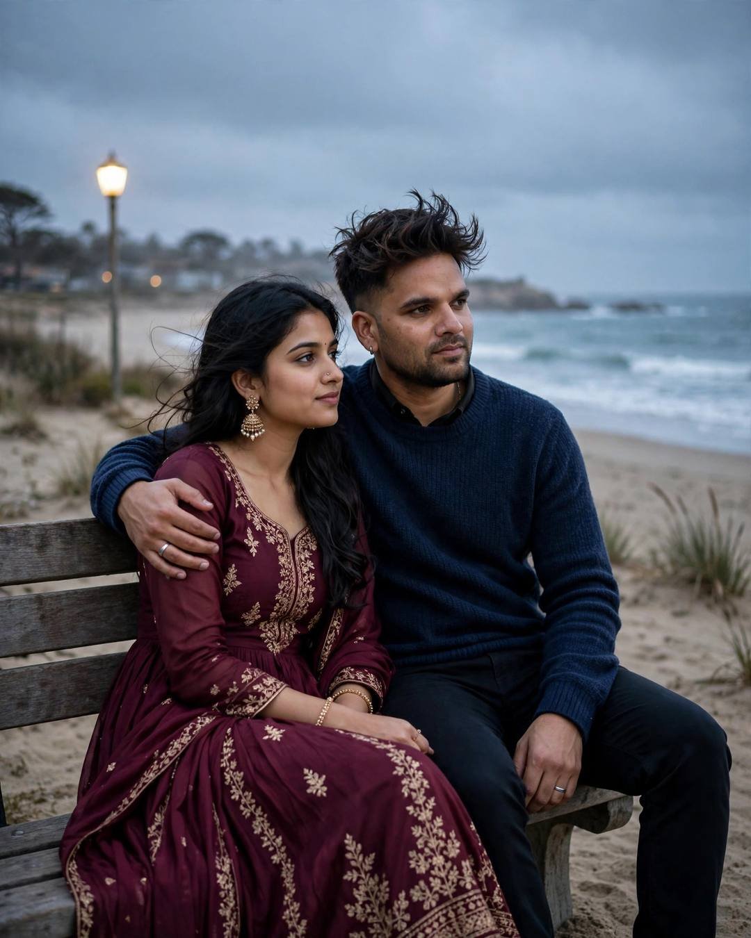 Indian couple sitting close on a sea-facing bench at dusk, his arm around her