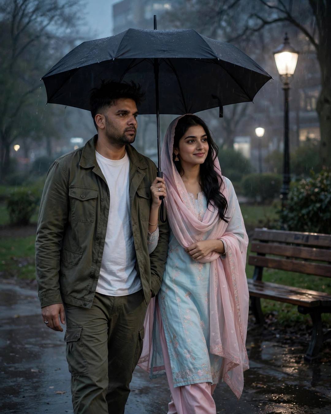 Indian couple sharing an umbrella in a rainy park at dusk
