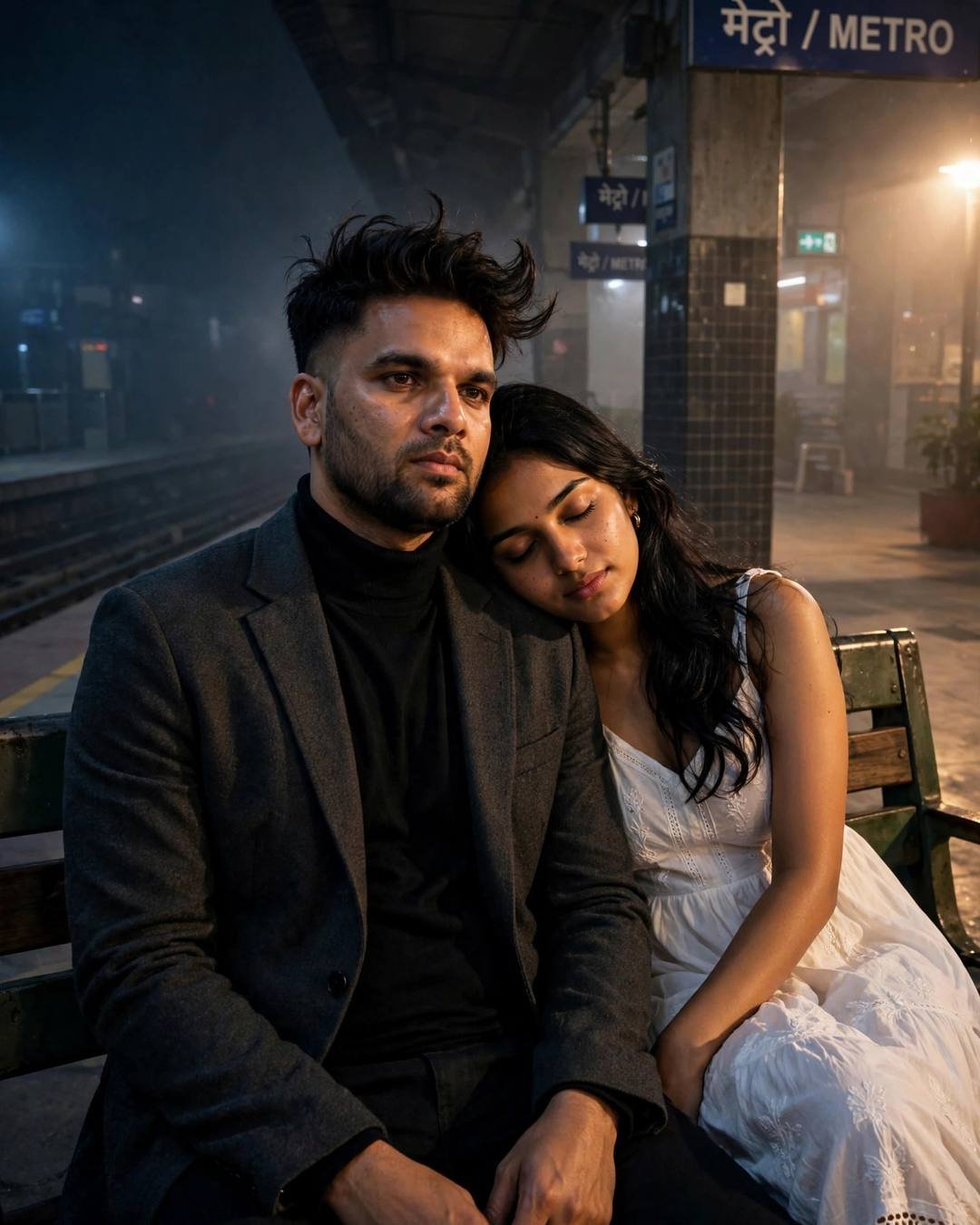 Indian couple sitting close on a bench at a foggy metro station at night