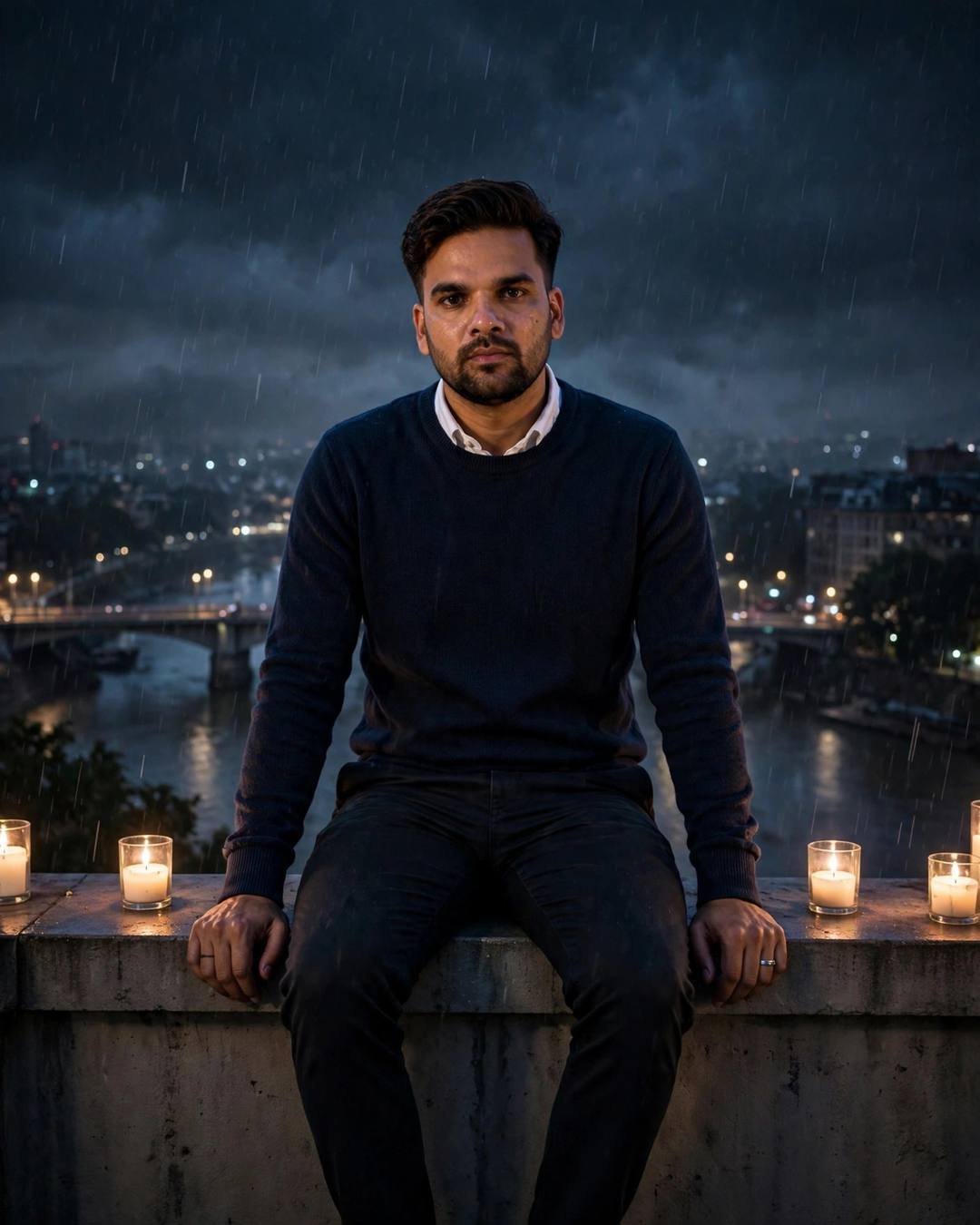 Young Indian man in a navy sweater sitting on a rooftop ledge at midnight with lit candles, legs dangling above a glittering river and bridge