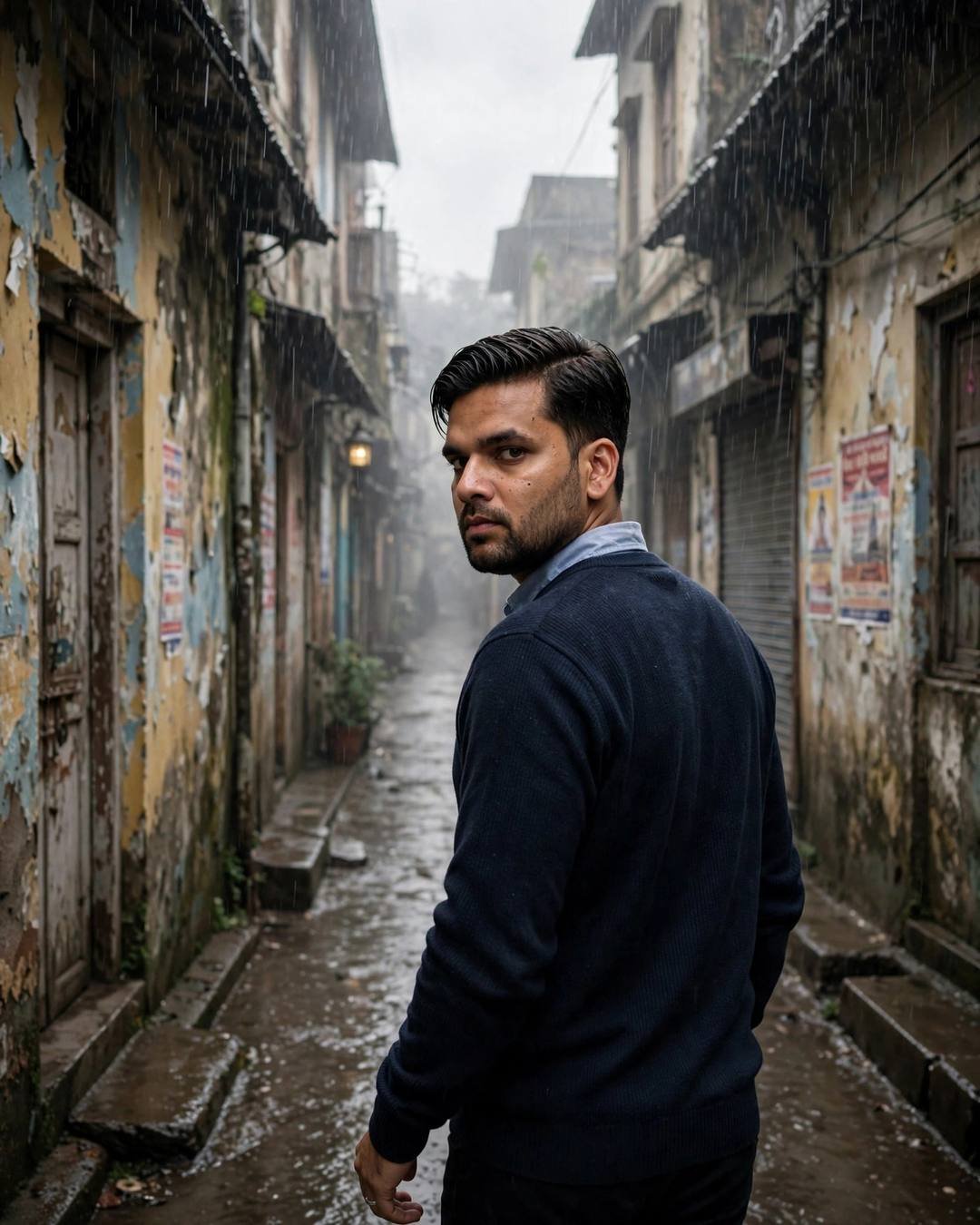 Young Indian man in navy sweater walking down a rainy old-city lane at dawn, looking back