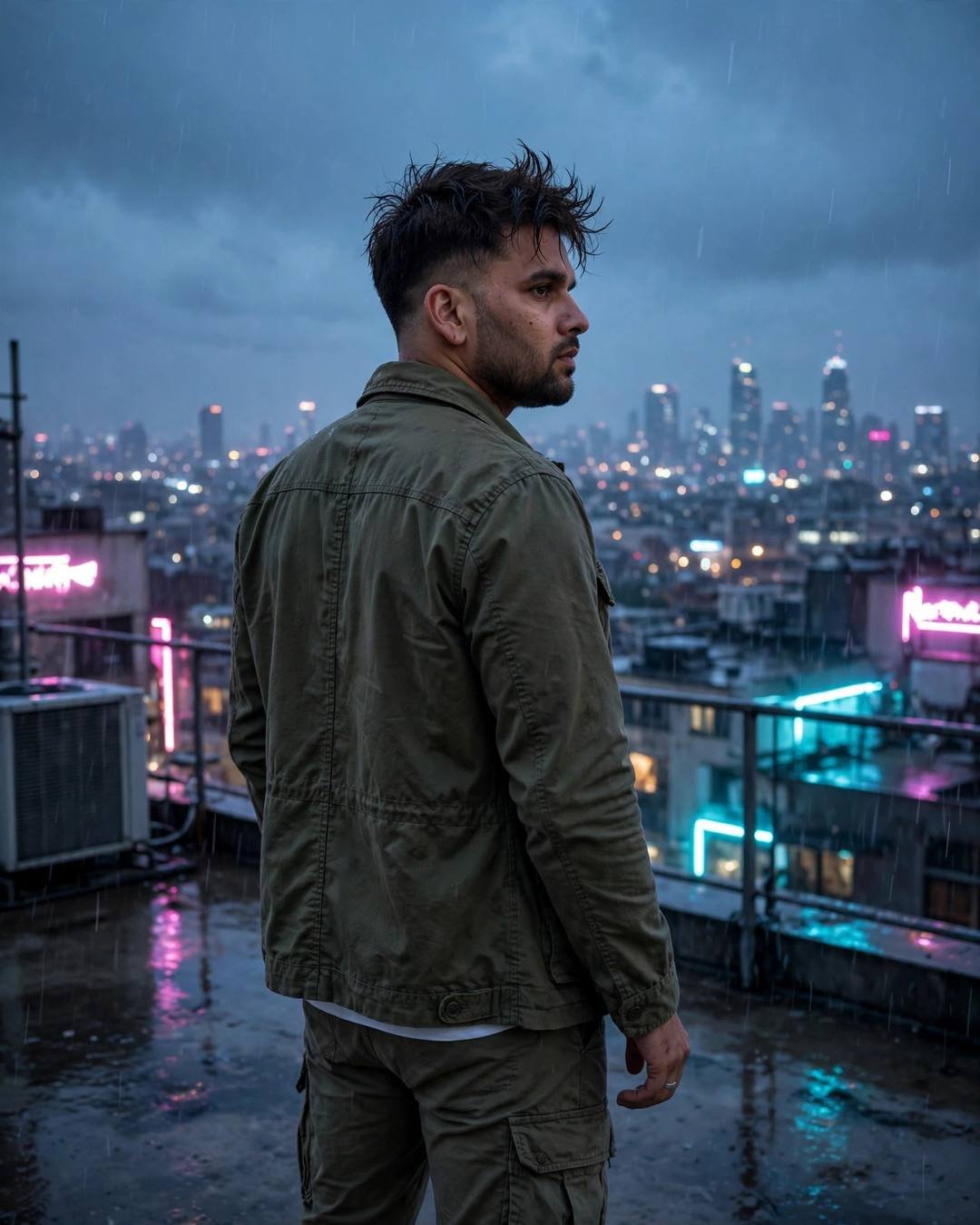 Young Indian man in olive field jacket on a rainy rooftop at blue hour overlooking city lights