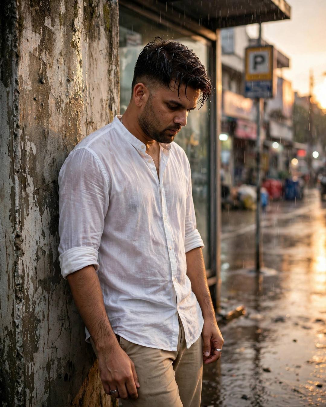 Young Indian man in white linen shirt leaning against a wall at a rainy bus stop