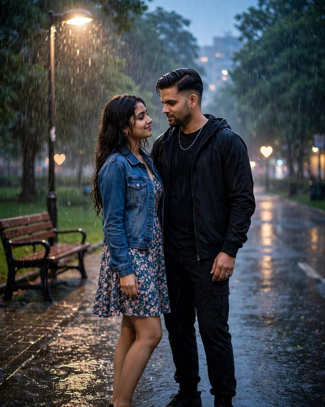 Indian couple standing close in monsoon rain on a park path under a streetlight