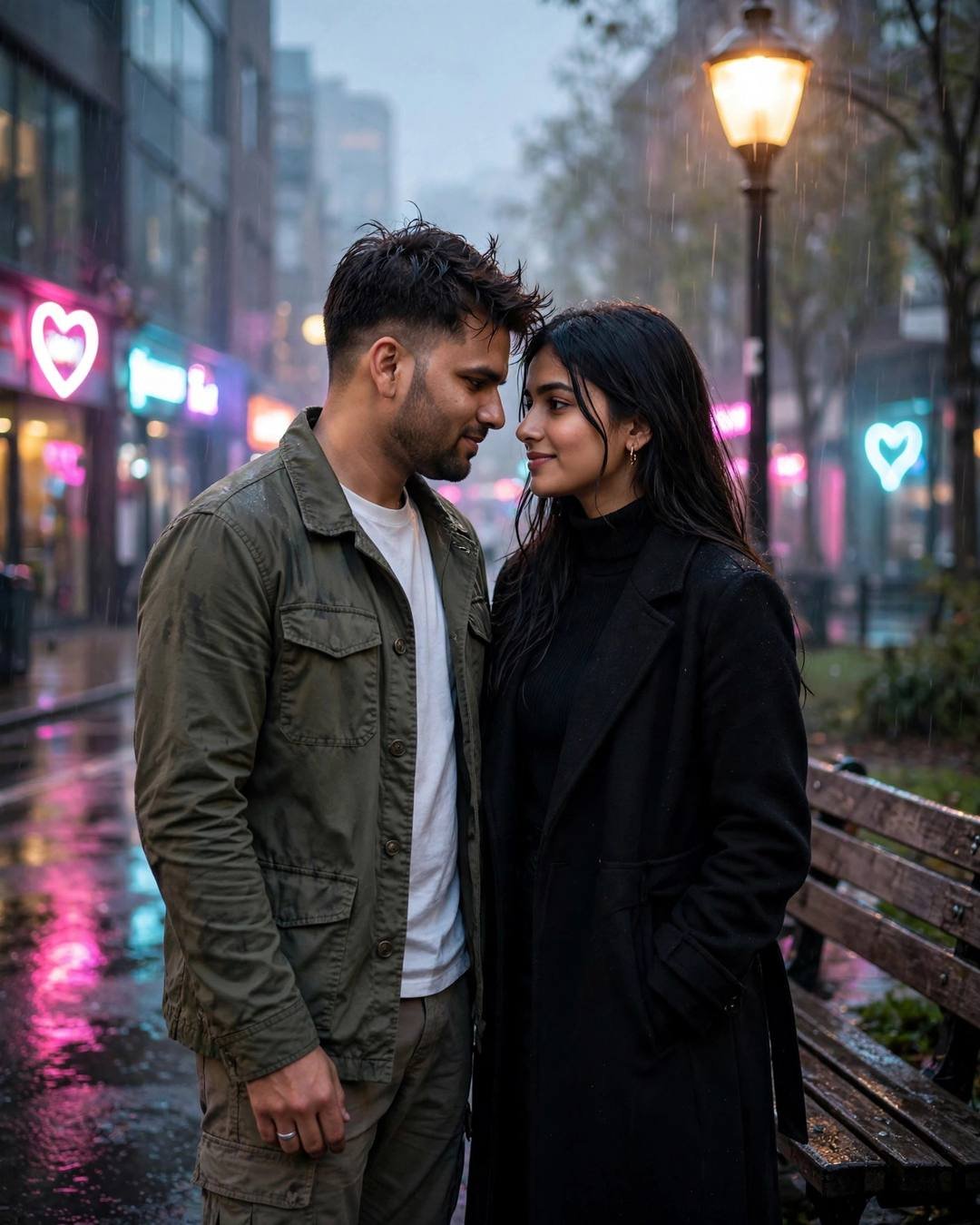 Indian couple standing face to face on a rainy neon-lit street at dawn