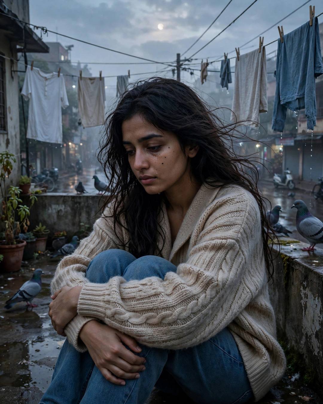 Young Indian woman in beige sweater sitting with knees drawn up on a wet terrace with clothes lines and pigeons at dawn