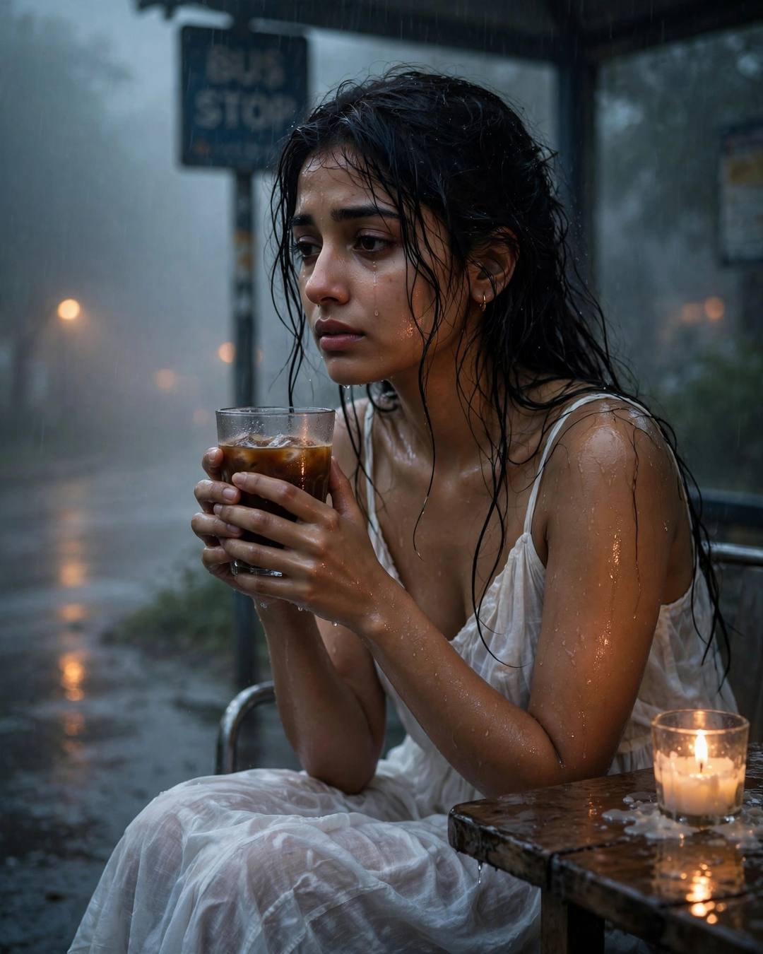 Young Indian woman in white dress at a rainy bus stop holding coffee, candle glowing