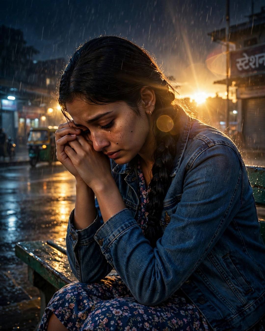 Young Indian woman in denim jacket sitting on a rainy station bench at night, head in hands