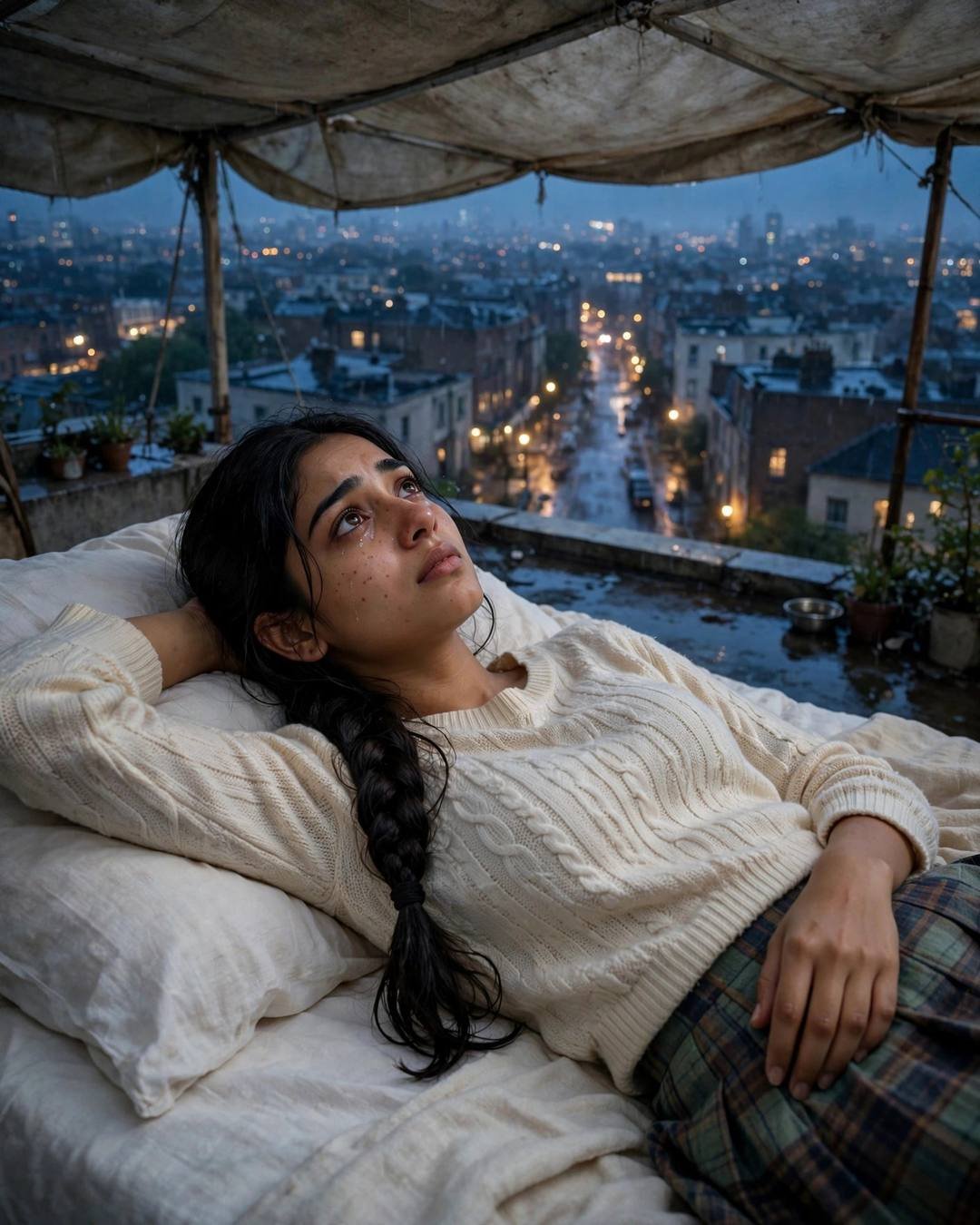 Young Indian woman in cream knit top lying on a rooftop bed overlooking city lights at dusk