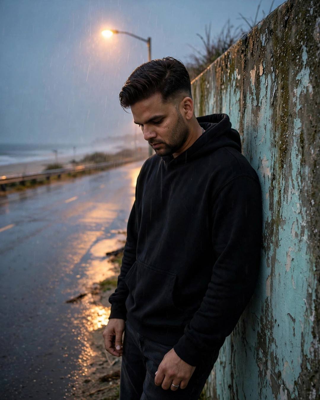 Young Indian man in a black hoodie leaning against a weathered wall on a deserted beach road at dusk in light rain