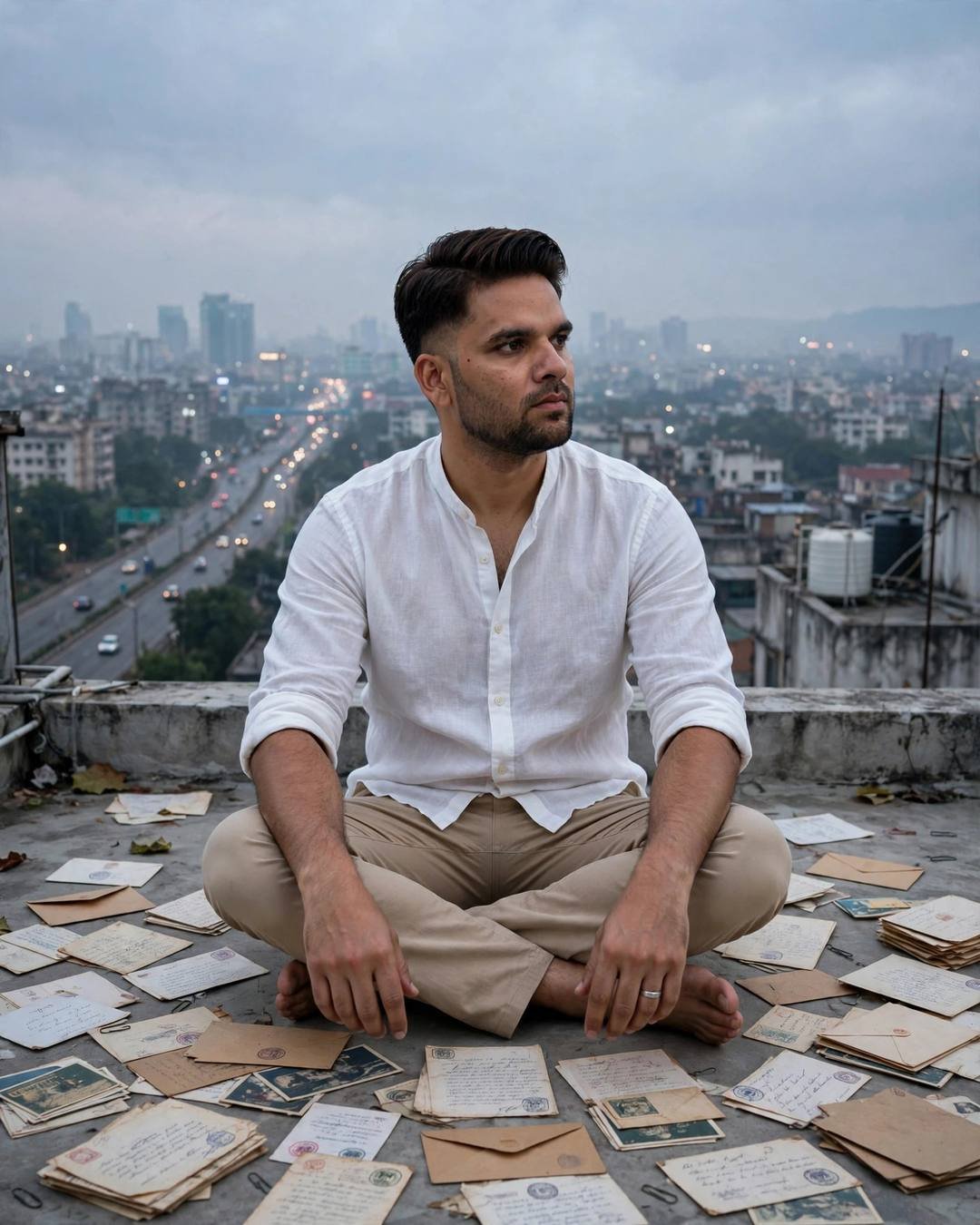 Young Indian man in a white linen shirt sitting cross-legged on a rooftop surrounded by old letters with city lights behind