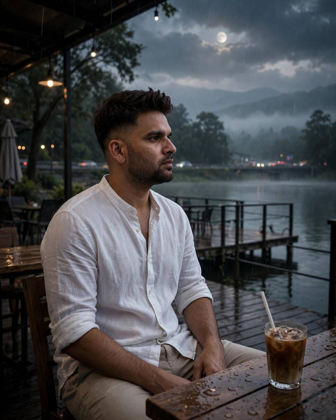 Young Indian man in a white linen shirt sitting at a cafe table by a lake pier at night with a cold coffee under moonlight