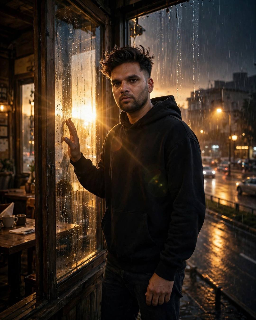 Young Indian man in a black hoodie with one hand on a rain-streaked window at an old cafe in golden backlight