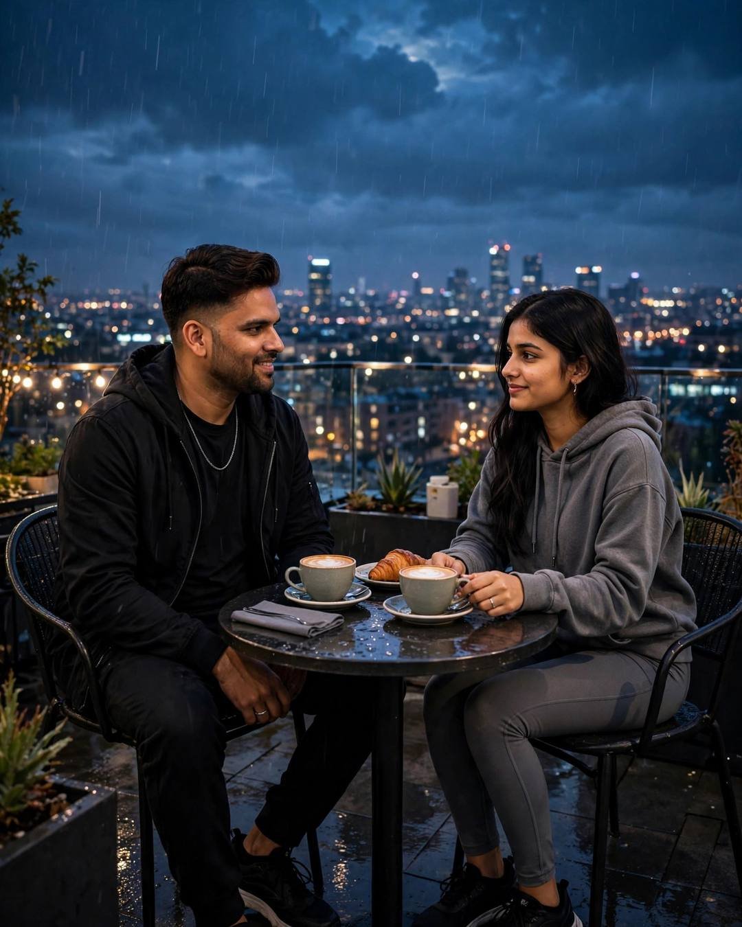 Couple smiling across a small rooftop cafe table with coffee cups and city lights behind