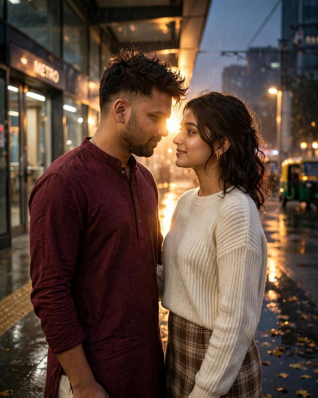 Couple with foreheads almost touching at a metro station at night with golden backlight flare