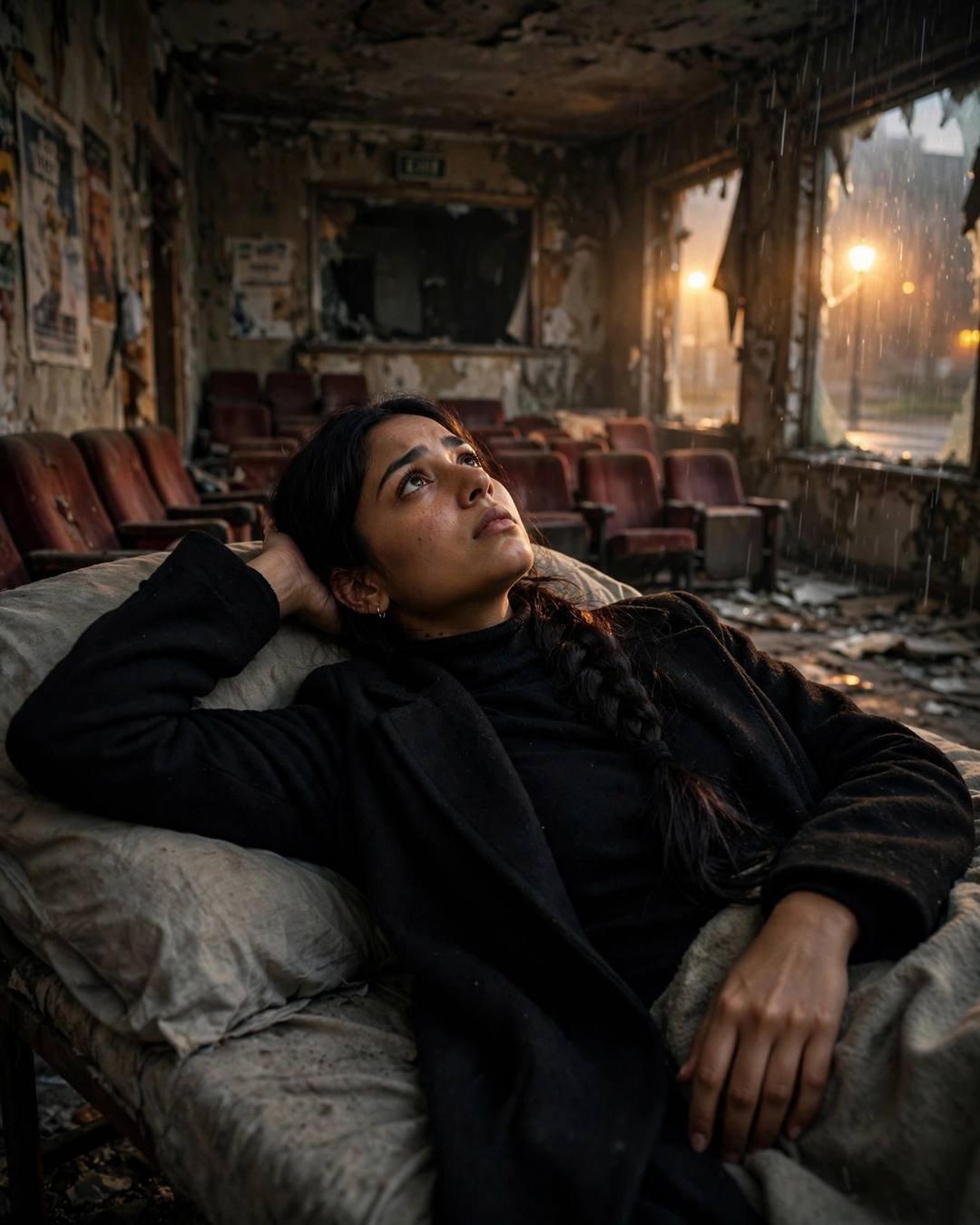 Young Indian woman in black coat lying in an abandoned cinema hall, rain and golden-hour light