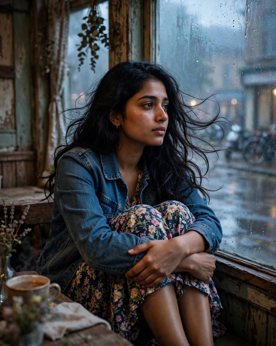 Young woman in denim jacket curled at a fogged cafe window after rain