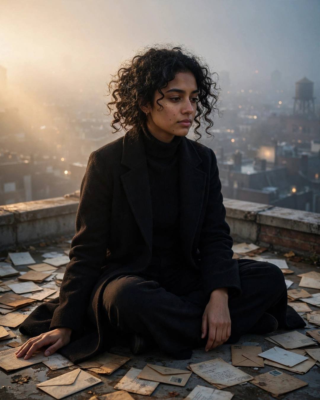 Young woman with curly hair sitting among old letters on a foggy rooftop at dawn