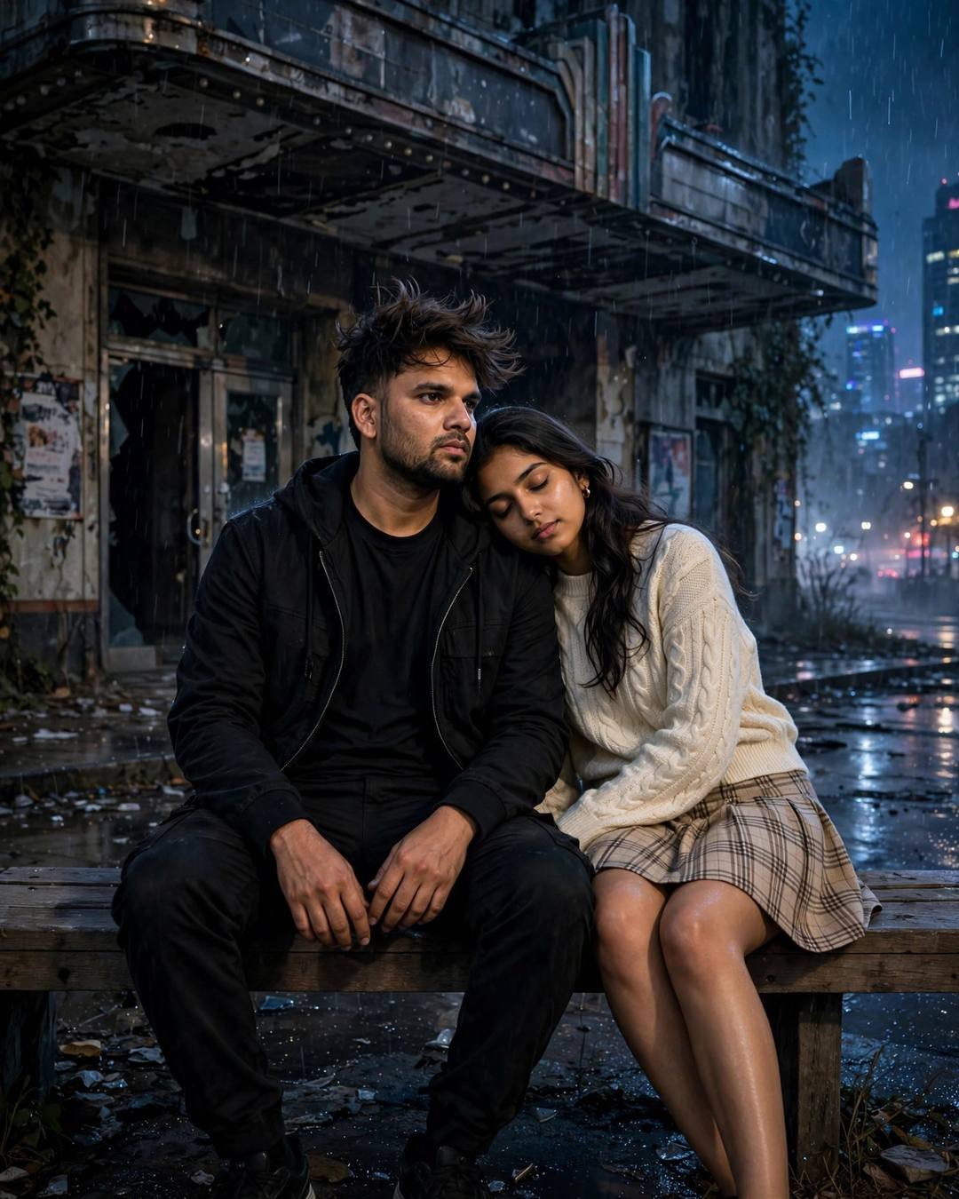 Couple sitting on a bench outside a derelict cinema hall at night in the rain, her head on his shoulder