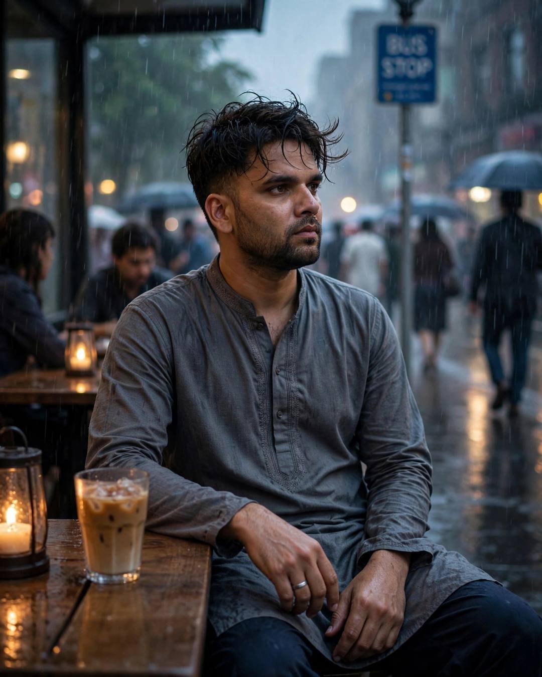 Young man in grey kurta alone at a rainy bus-stop cafe table