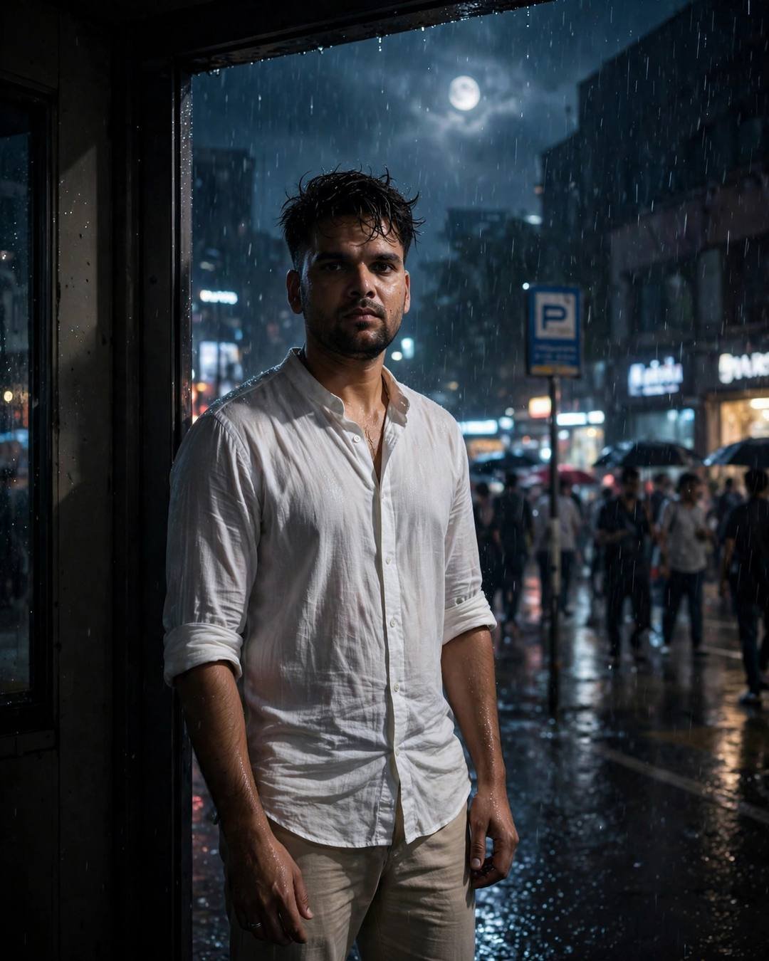 Young man in white shirt standing in a rainy doorway at night under moonlight