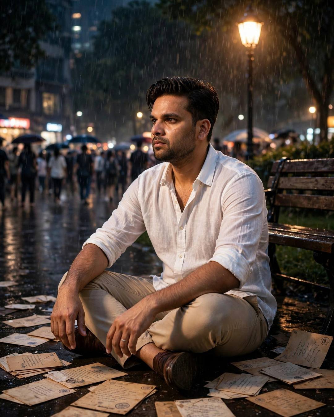 Young man in white shirt sitting among letters under a park lamp at midnight