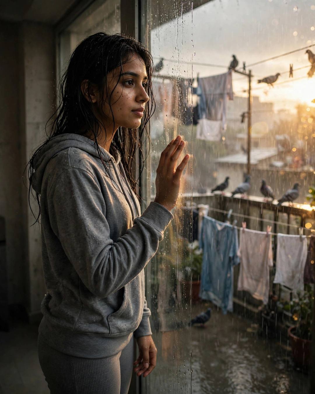 Young Indian woman in a grey hoodie standing at a rain-streaked terrace window, hand on the glass, pigeons on clothes lines outside