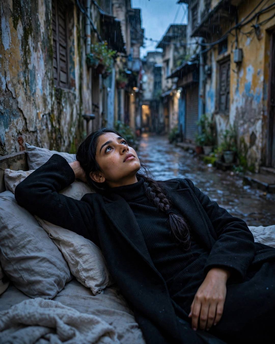 Young woman in black coat reclining in an old-city lane at blue hour