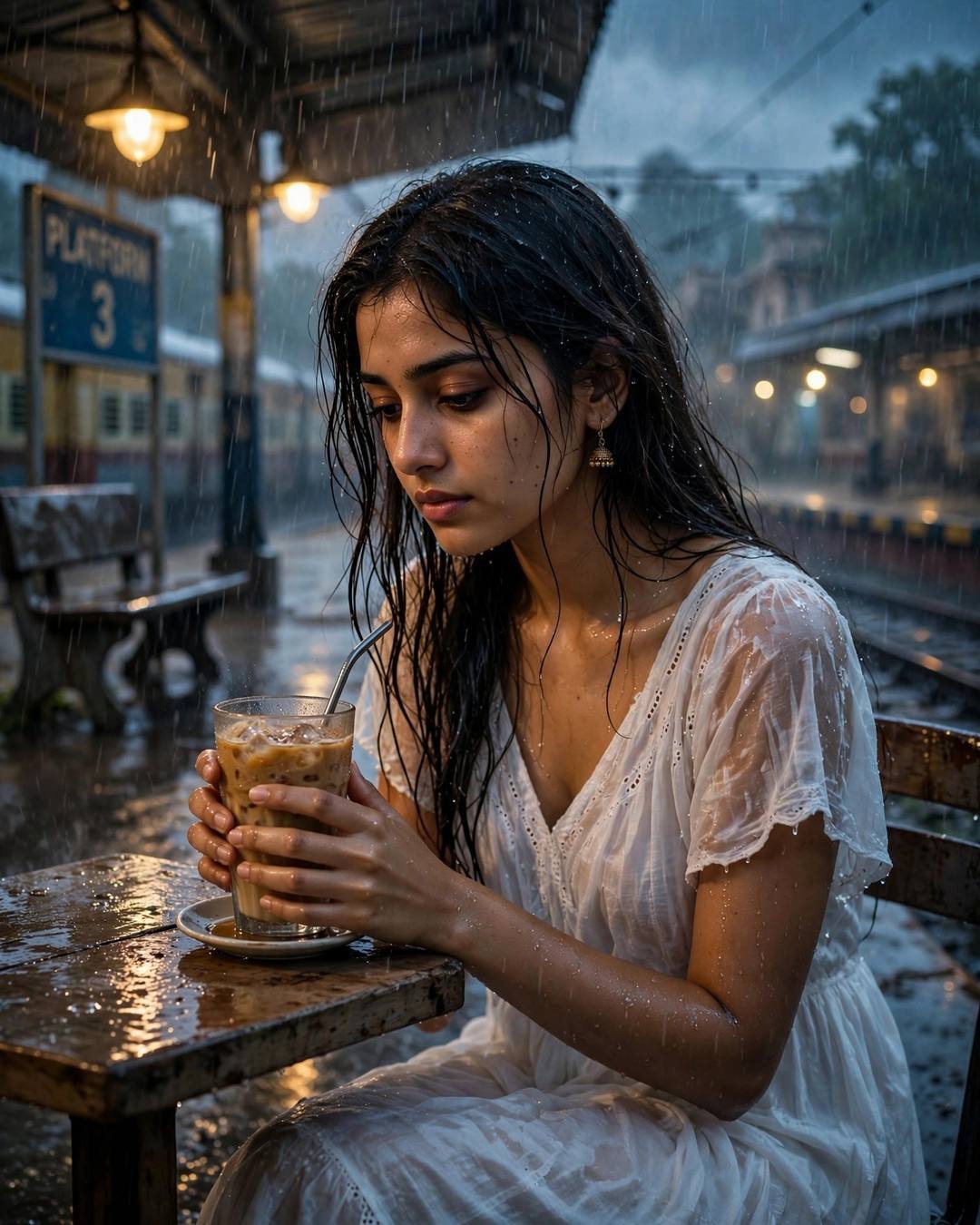 Young woman with wet hair holding coffee at a rainy platform at night