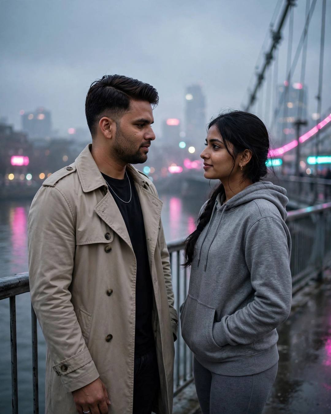 Couple facing each other on a neon-lit bridge at dawn