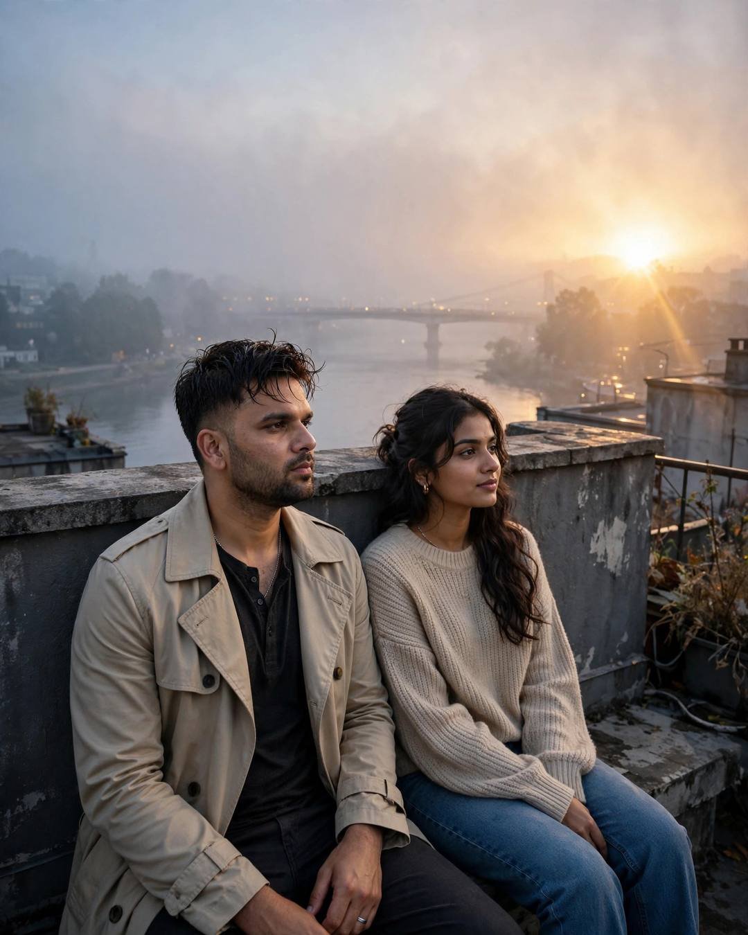 Couple sitting side by side on a rooftop at foggy sunrise, backs against the wall, river and bridge behind them