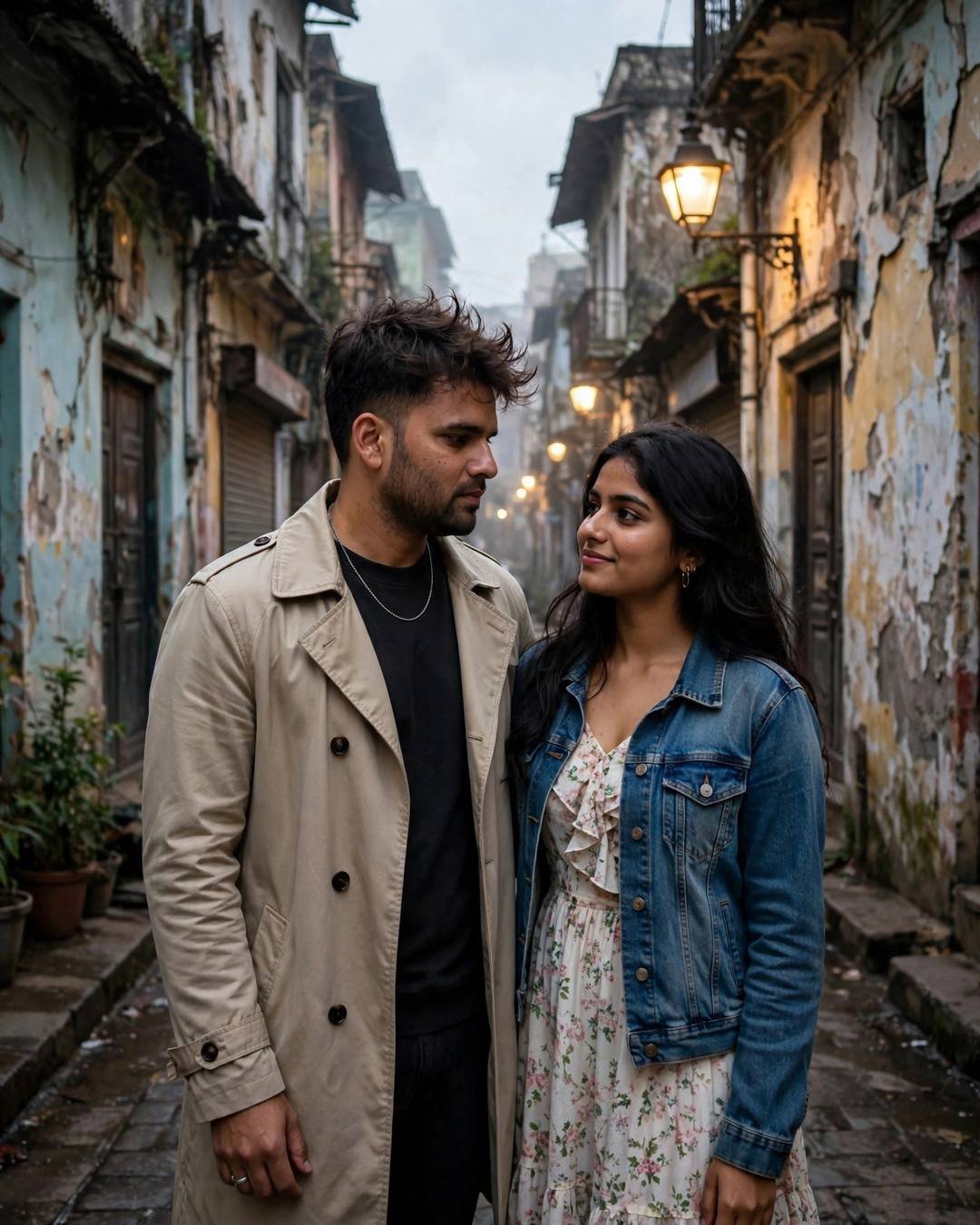 Couple walking close in a lamp-lit old-city lane at night