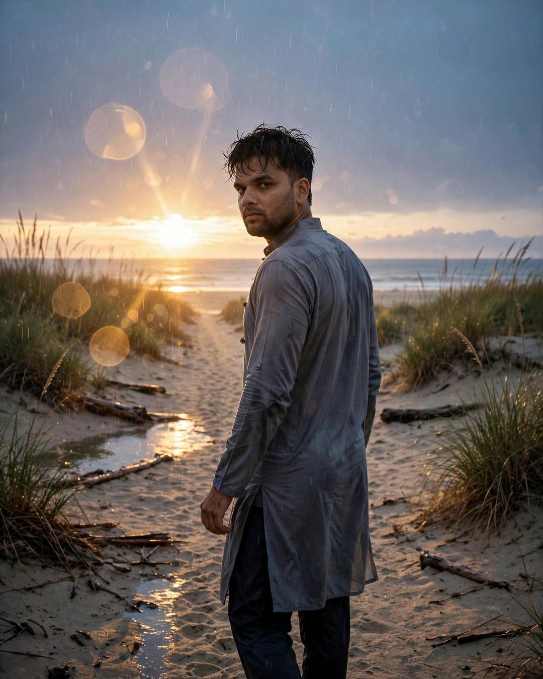 Young man in grey kurta on a rainy beach at sunset looking back