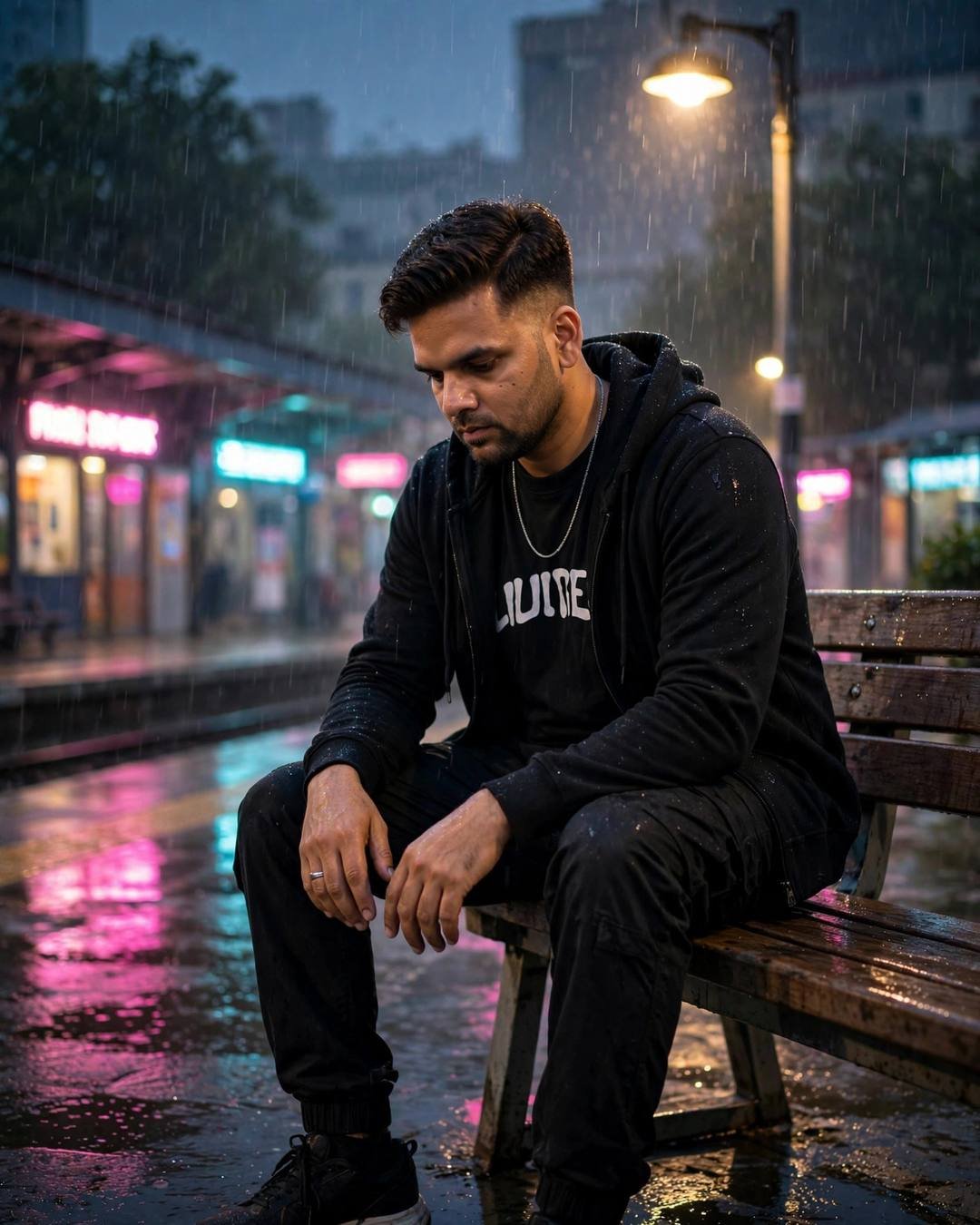 Young man in black streetwear sitting alone on a rainy bench at night
