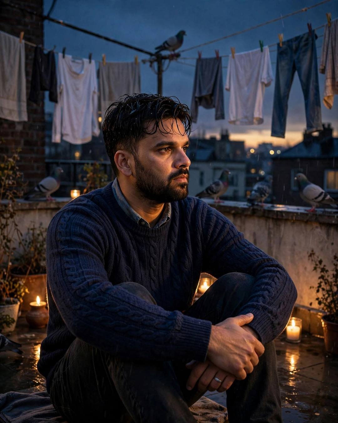 Young man in navy sweater sitting on a terrace among pigeons and candles at dusk