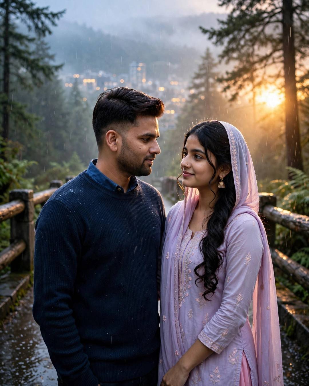 Couple gazing at each other on a rainy forest bridge with golden lens flare