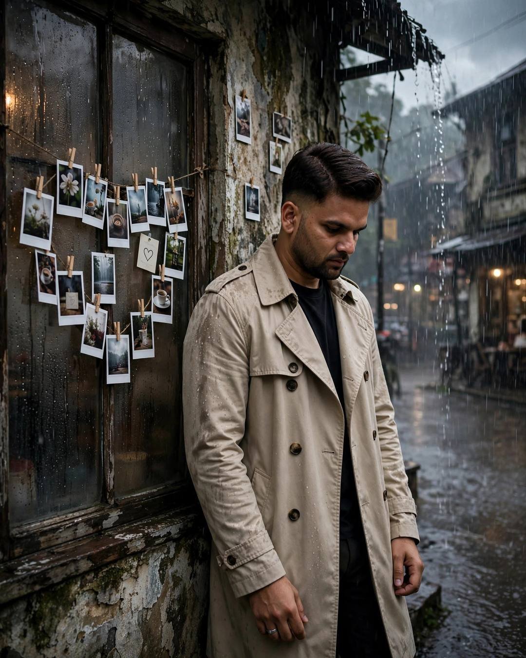 Man in beige trench coat leaning against a weathered wall covered with polaroids in the rain