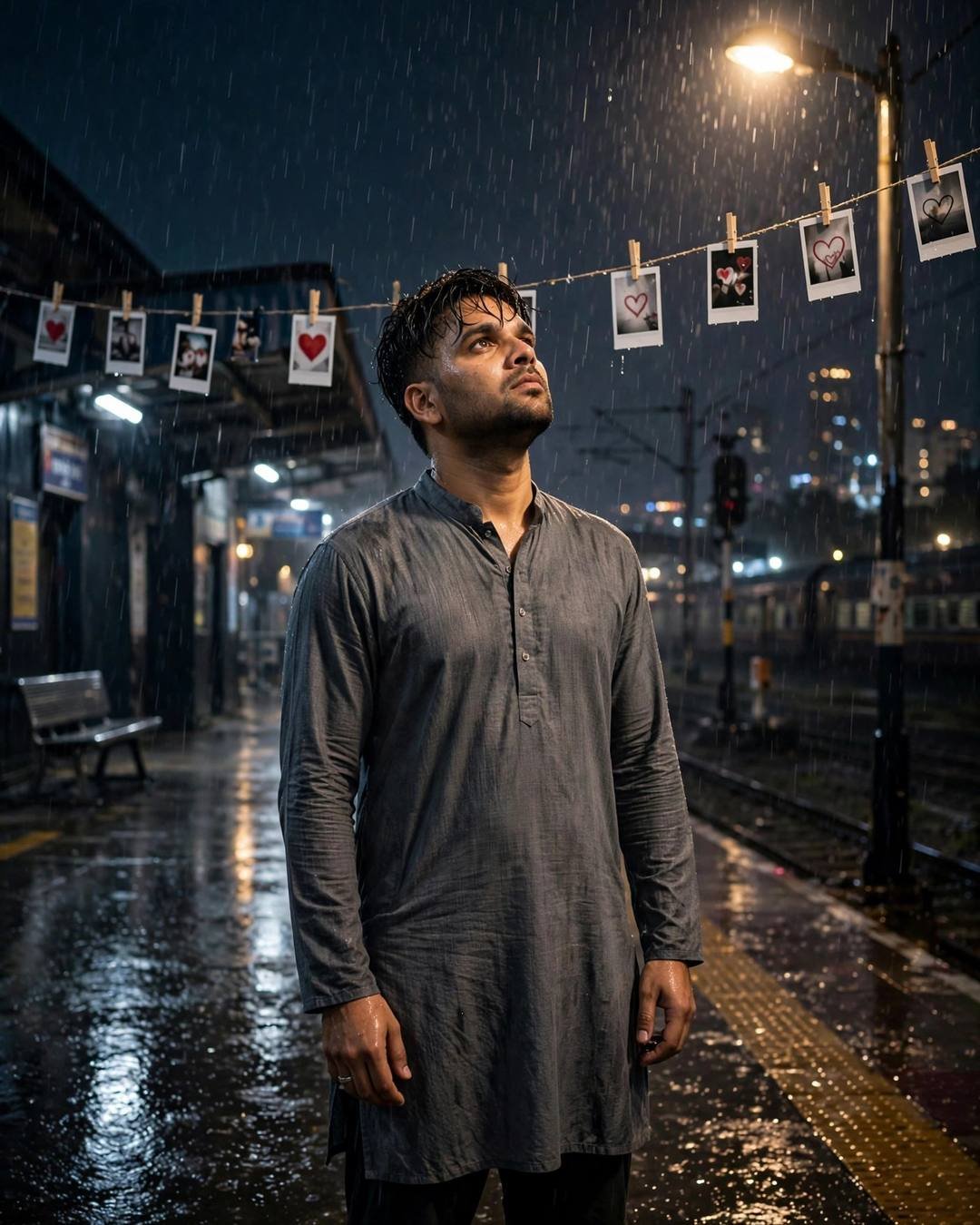 Man in grey kurta standing under a streetlamp in rain with polaroids strung above, face to the sky