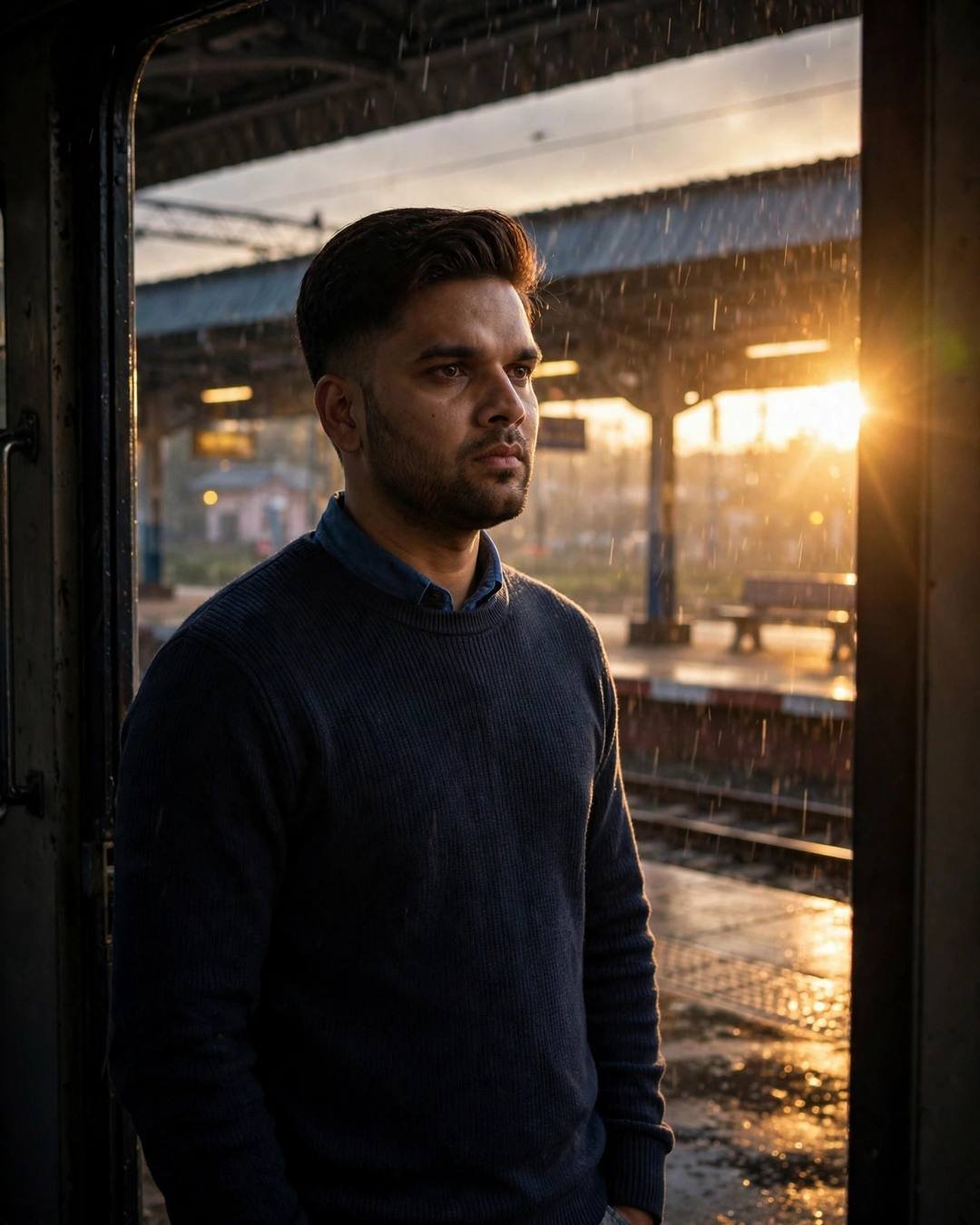 Young man in navy sweater standing in a rainy station doorway at sunset
