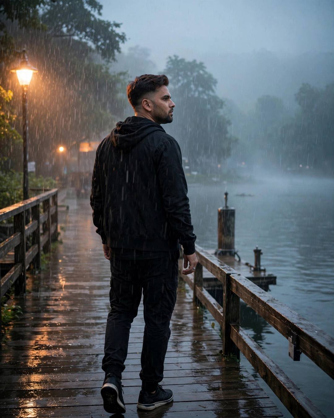 Young man in black streetwear walking away on a rainy lake pier at dawn