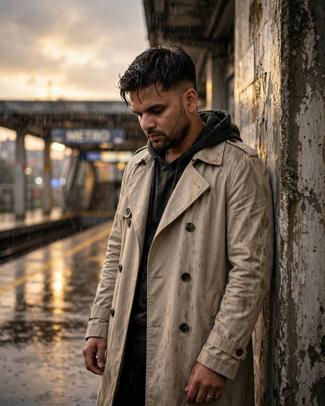 Man in beige trench coat leaning against a weathered wall at a rainy metro station