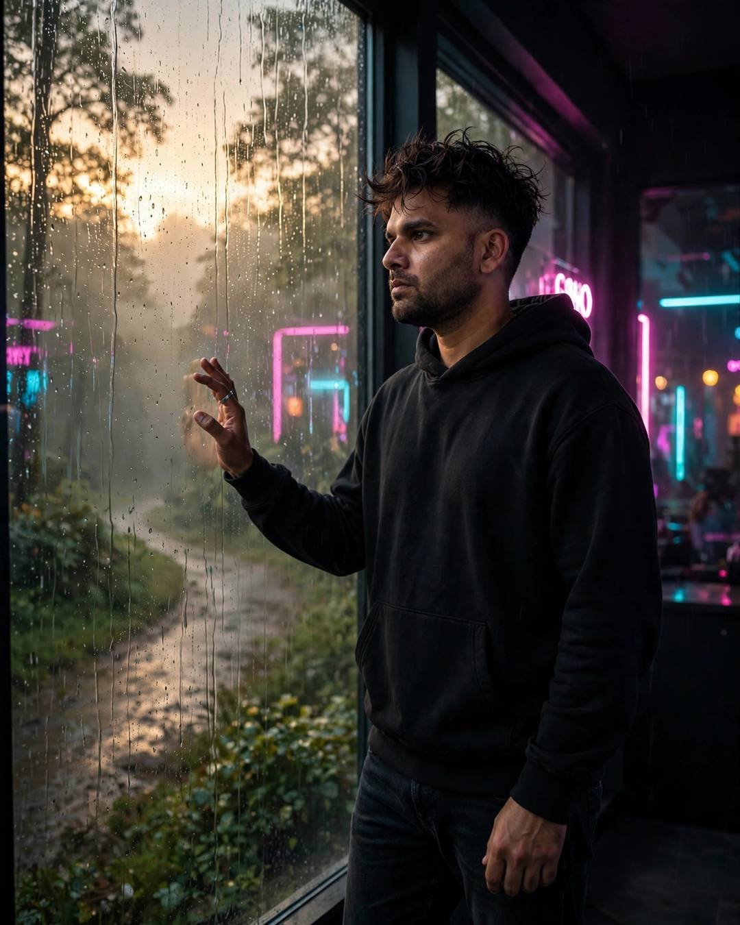 Man in black hoodie with hand on a rain-streaked window, neon glow in the mist beyond
